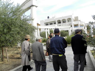 海に面した小高い南斜面にあるギリシャ風の建物とオリーブ園